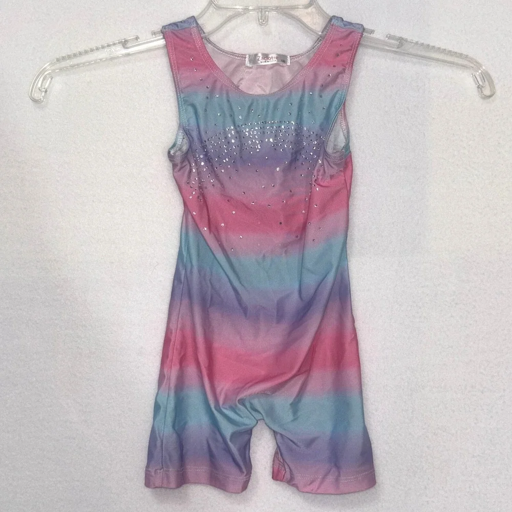 Zaclotre Girls‎ leotard singlet cotton candy rhinestones blue pink size 120 4/5